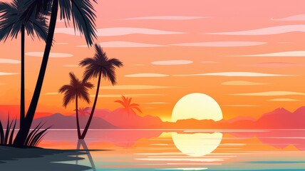 Fototapeta na wymiar Summer sunset beach with palm tree and orange sky cartoon landscape.