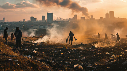 A stark contrast of urban development and sprawling landfill sites, highlighting challenges in waste management and environmental pollution. - obrazy, fototapety, plakaty