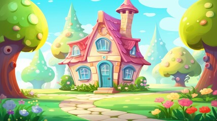 Sunny village scene with cute fantasy dwarf house cartoon illustration.
