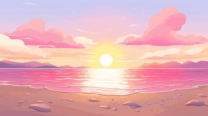 Fototapeta na wymiar cartoon illustration Sunset or sunrise on the beach landscape with beautiful pink sky and sun reflection