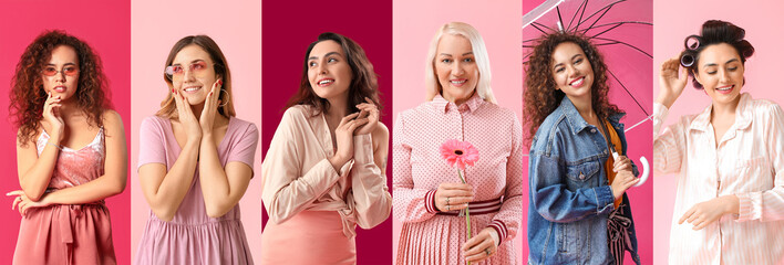 Set of trendy women on pink background