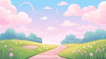 Obraz premium cartoon landscape with a stone path leading towards distant mountains, surrounded by lush greenery and blooming flowers under a pastel sky.