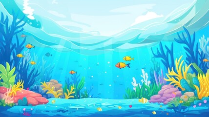 cartoon vibrant underwater scene with colorful corals, seaweed, and fish