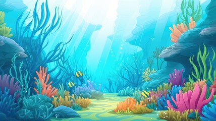 Obraz na płótnie Canvas cartoon vibrant underwater scene with colorful corals, seaweed, and fish