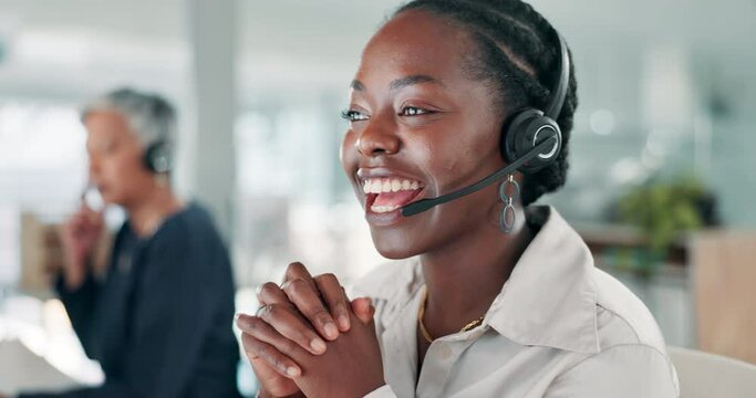 Call center, woman and happy with communication and telemarketing with customer service and headset. Consultant, black person and helpdesk operator with discussion, microphone and crm support at work
