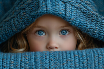 Portrait of a little girl with blue eyes in a blue knitted sweater