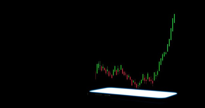 Candlesticks, stock market investing smartphone. floating above mobile phone investing on the internet  online. Green candlestick chart rising showing investmet profits. Bull market. 3D Rendering