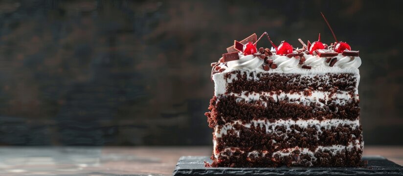 Tasty delicious sweet cubic black forest cake on dark background. AI generated image