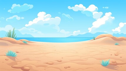 Fototapeta na wymiar cartoon beach scene with golden sands, calm blue waters, fluffy clouds, and distant green hills