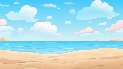 Fototapeta na wymiar cartoon beach scene with golden sands, calm blue waters, fluffy clouds, and distant green hills