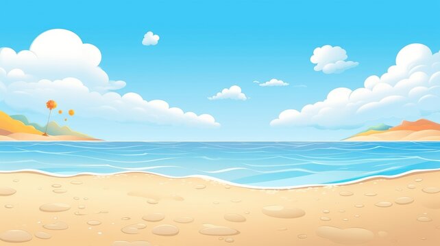 cartoon beach scene with golden sands, calm blue waters, fluffy clouds, and distant green hills