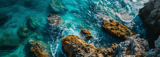 The dynamic interaction of ocean waves with a rugged coastline, as seen from an aerial perspective, highlighting the contrast between the rocky shore and the deep blue sea.