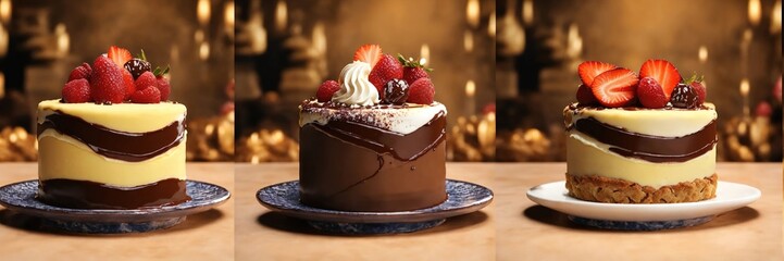 Chocolate cake with whipped cream and fresh fruits on a dark background. ai generative