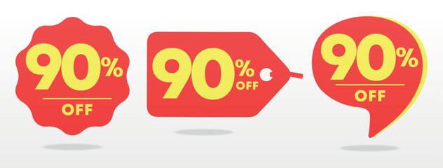 90% off. Special offer, sticker, set, sale. Poster price discount, value. Red, yellow balloon, tag. Advertising, promo, discount, store. Icon, symbol, vector. Campaign retail