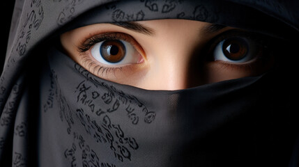Portrait of an arabic young woman with her beautiful blue eyes in traditional islamic cloth niqab - obrazy, fototapety, plakaty