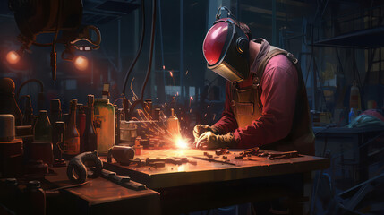 A welder is working on iron work. The atmosphere of a welding workshop, with the light of burning electrodes. - obrazy, fototapety, plakaty