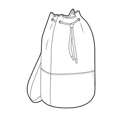 Bucket backpack silhouette Drawstring bag. Fashion accessory technical illustration. Vector schoolbag 3-4 view for Men, women, unisex style, flat handbag CAD mockup sketch outline isolated