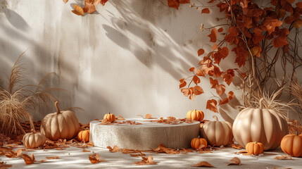 cozy podium surrounded by autumn foliage and pumpkins