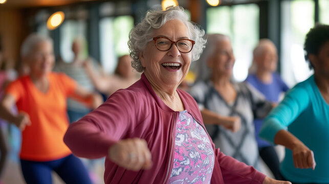 joyful seniors in vibrant dance class