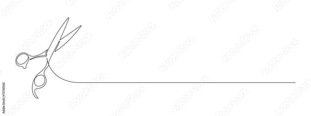 Poster one continuous line drawing of hair scissors. minimalistic web banner and elegance logo of barber sh