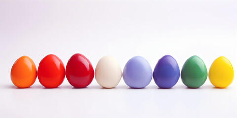 colorful line of easter eggs on a white background, ai generated