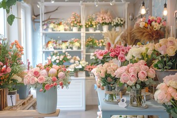 Fototapeta premium A charming flower shop filled with bright light showcases elegant bouquets of roses and mixed blooms in soft pastel colors