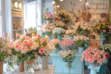 Fototapeta na wymiar A charming flower shop filled with bright light showcases elegant bouquets of roses and mixed blooms in soft pastel colors