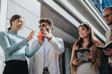 Diverse team discusses market trends, budget management and strategic planning outdoors. Analyzing market, sharing innovative ideas and profitable marketing strategies.