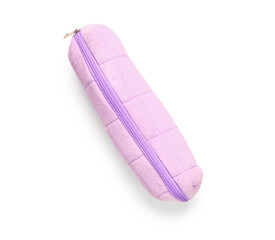 Purple pencil case on white background