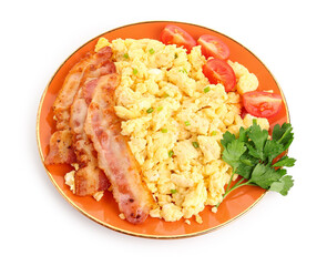 Plate of tasty omelette with bacon on white background