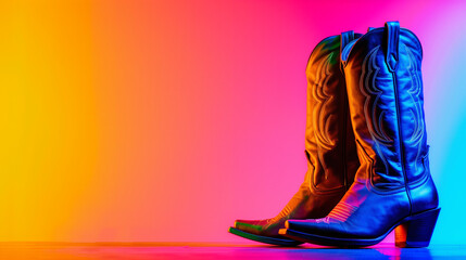 Minimalist Pop Art Colorful Cowgirl Boots with Pink Gradient Background