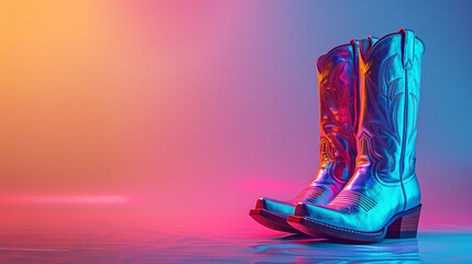 Minimalist Pop Art Colorful Cowgirl Boots with Pink Gradient Background