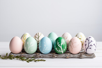 colorful easter eggs on wooden table for easter postcard, generative AI - obrazy, fototapety, plakaty