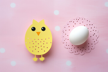 pink funny candy Easter postcard with eggs and a funny chick in a child's style, looks like a child's cutout, generative ai