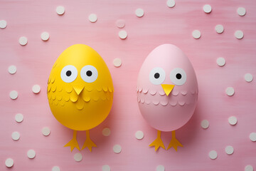 pink funny candy Easter postcard with eggs and a funny chick in a child's style, looks like a child's cutout, generative ai