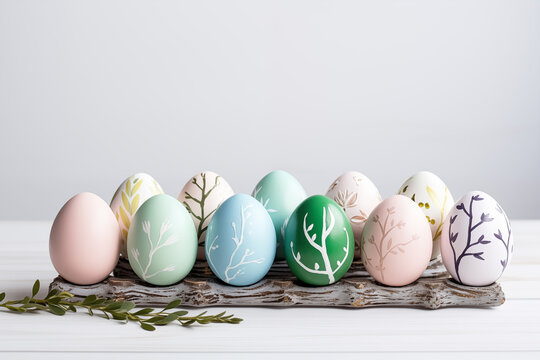 colorful easter eggs on wooden table for easter postcard, generative AI