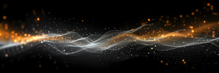 Abstract banner illustration with white and golden glowing light waves and particles on a black background. Copy space for text.