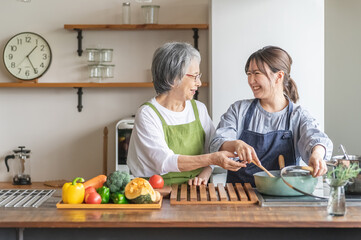 家のキッチンで一緒に料理・家事・自炊をする笑顔のアジア人高齢者女性と若い女性（家政婦・家事代行）  © buritora