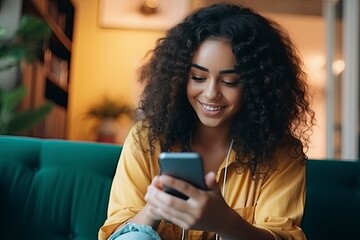 Happy millennial hispanic teenage girl checking social media holding smartphone at home. Smiling young latin woman using cellphone app playing games, shopping online - generative ai - obrazy, fototapety, plakaty