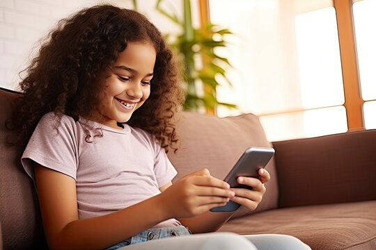 Happy millennial hispanic teenage girl checking social media holding smartphone at home. Smiling young latin woman using cellphone app playing games, shopping online - generative ai