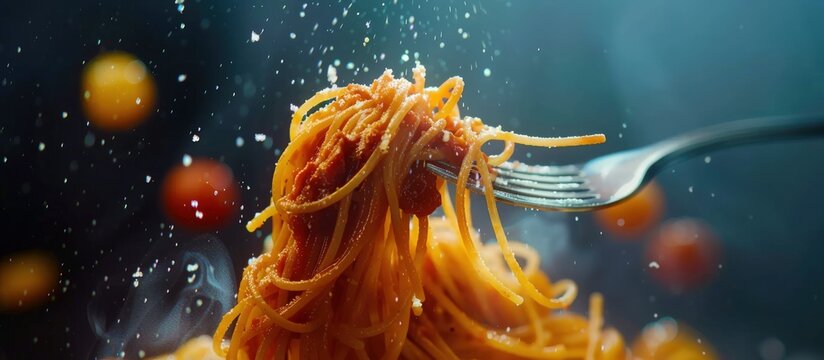 Close up tasty spaghetti pasta with a fork on blur background. AI generated image