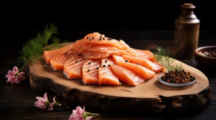 Slices of fresh raw salmon are neatly arranged on a wooden cutting board, with a sprinkling of natural spices.	
