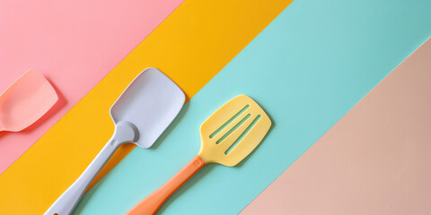 Assorted Different Silicone Baking Spatulas on colored Background. Vibrant multicolored silicone baking spatulas, background for confectioner's store.