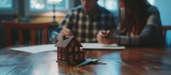 Young couple with key and tiny toy house on table for deal buying a new property. AI generated image - obrazy, fototapety, plakaty