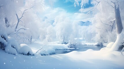 View of hills with pine trees covered in thick snow in winter. Landscape background wallpaper.