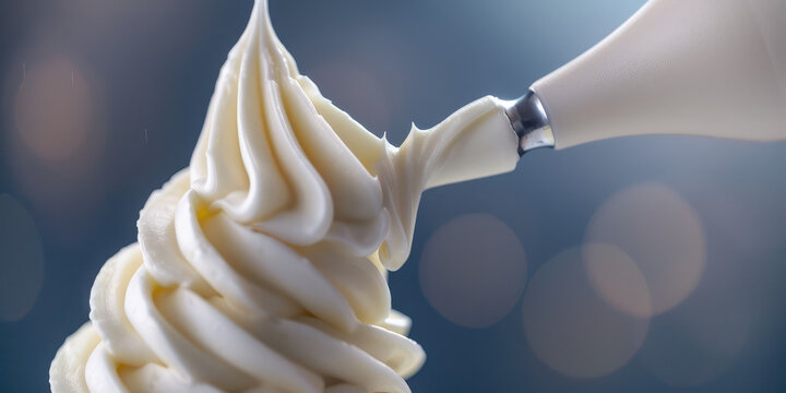 Close-Up of Piping Cream on Cupcakes nozzle with sweet cream swirl. Pastry bag with cream, frosting cupcakes.