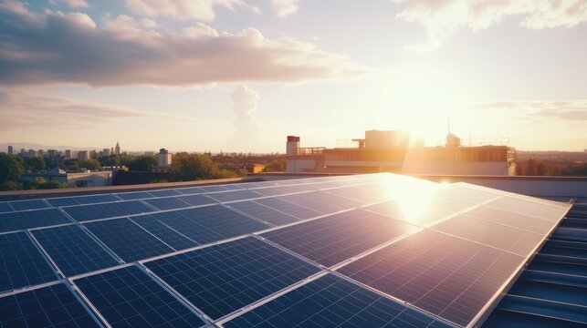 Solar Panel Cell On A Rooftop Building Cityscape Morning, Renewable Environmentally Friendly Power Plant.