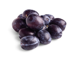 Heap of ripe plums on white background