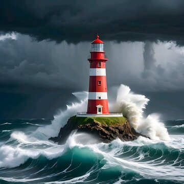 Lighthouse in the middle of the sea with extreme weather