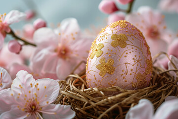 Pink glittering Easter egg with golden pattern in nest among spring pink flowers on tree branch.